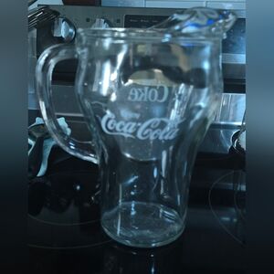 Vintage Coca-Cola lipped glass pitcher, 2 qt, white lettering, heavy glass This